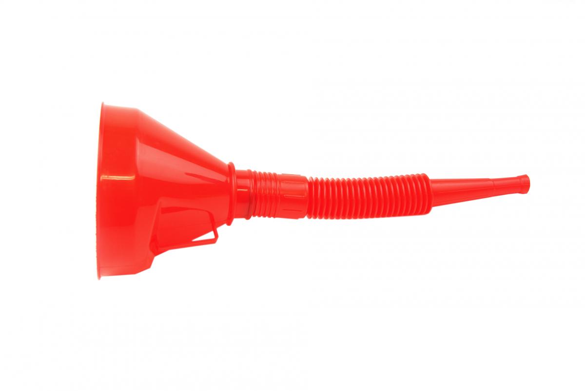 PLASTIC FLEXIBLE FUNNEL RED, 290MM LONG WITH FILTER MESH