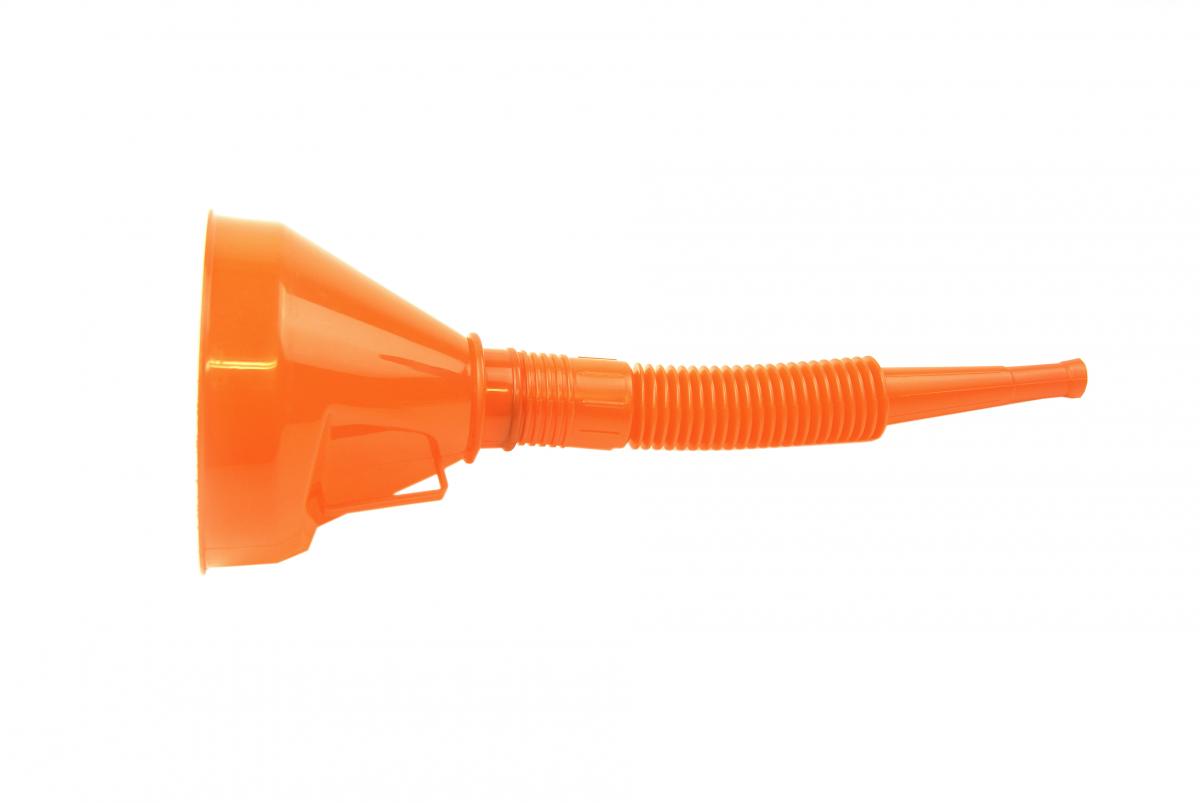 PLASTIC FLEXIBLE FUNNEL ORANGE, 290MM LONG WITH FILTER MESH