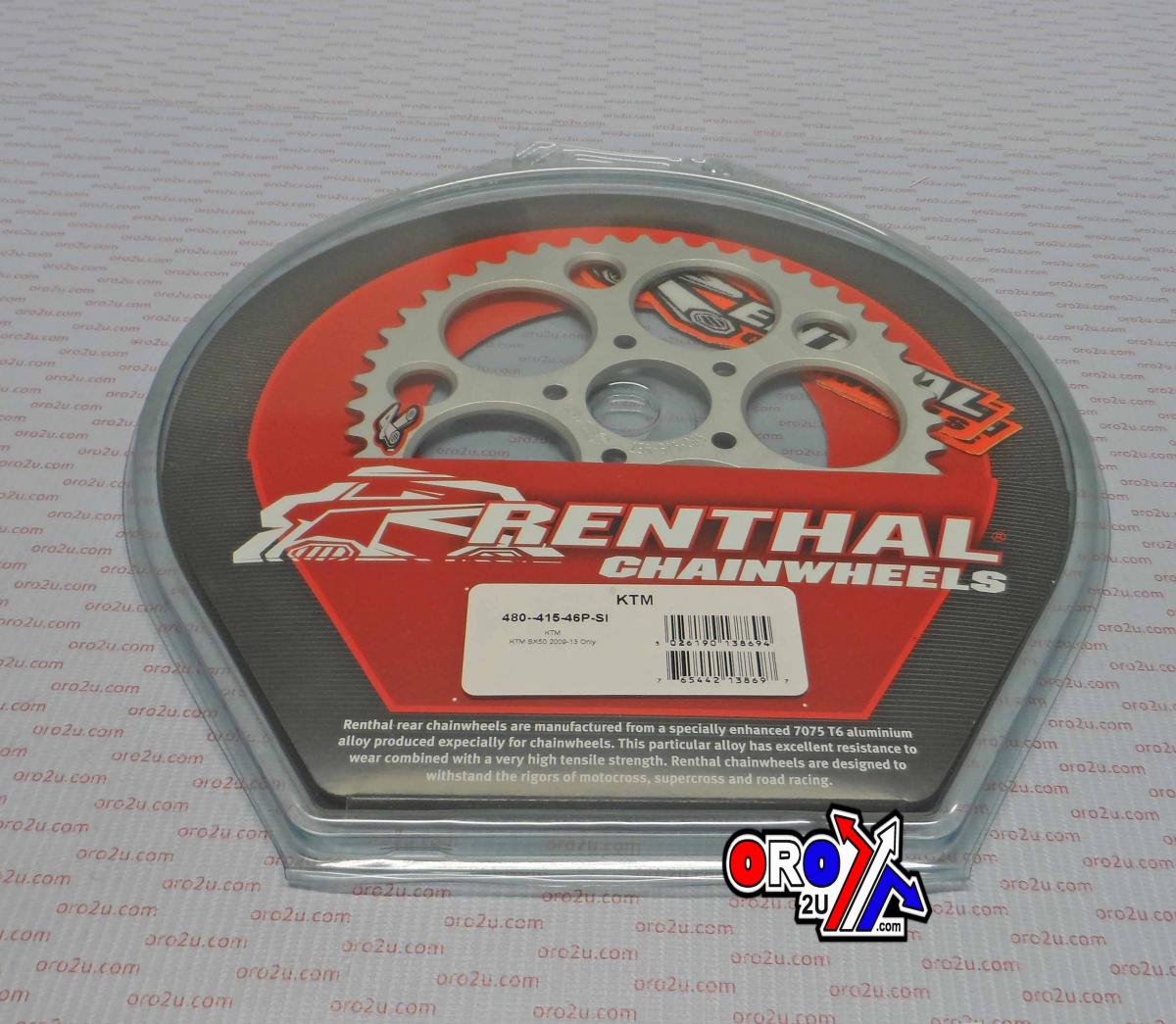 Rear Sprocket Renthal 480, KTM 50 2010-2013 Si T Silver, 480--415-46P-SI
