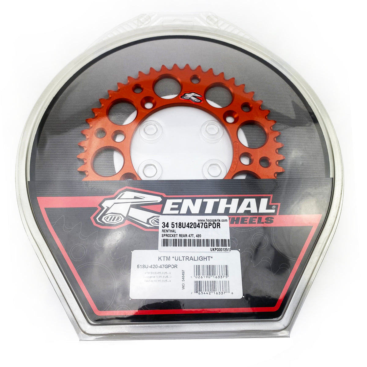 Rear Sprocket Orange Alloy Renthal 47T, 2025 Gasgas/Husqvarna/KTM, Ultralite 518U-420-47GPOR