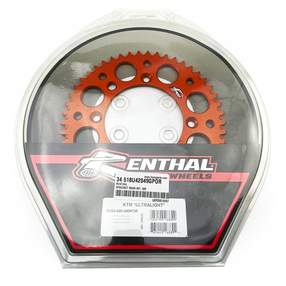Rear Sprocket Orange Alloy Renthal 49T, 2025 Gasgas/Husqvarna/KTM, Ultralite 518U-420-49GPOR
