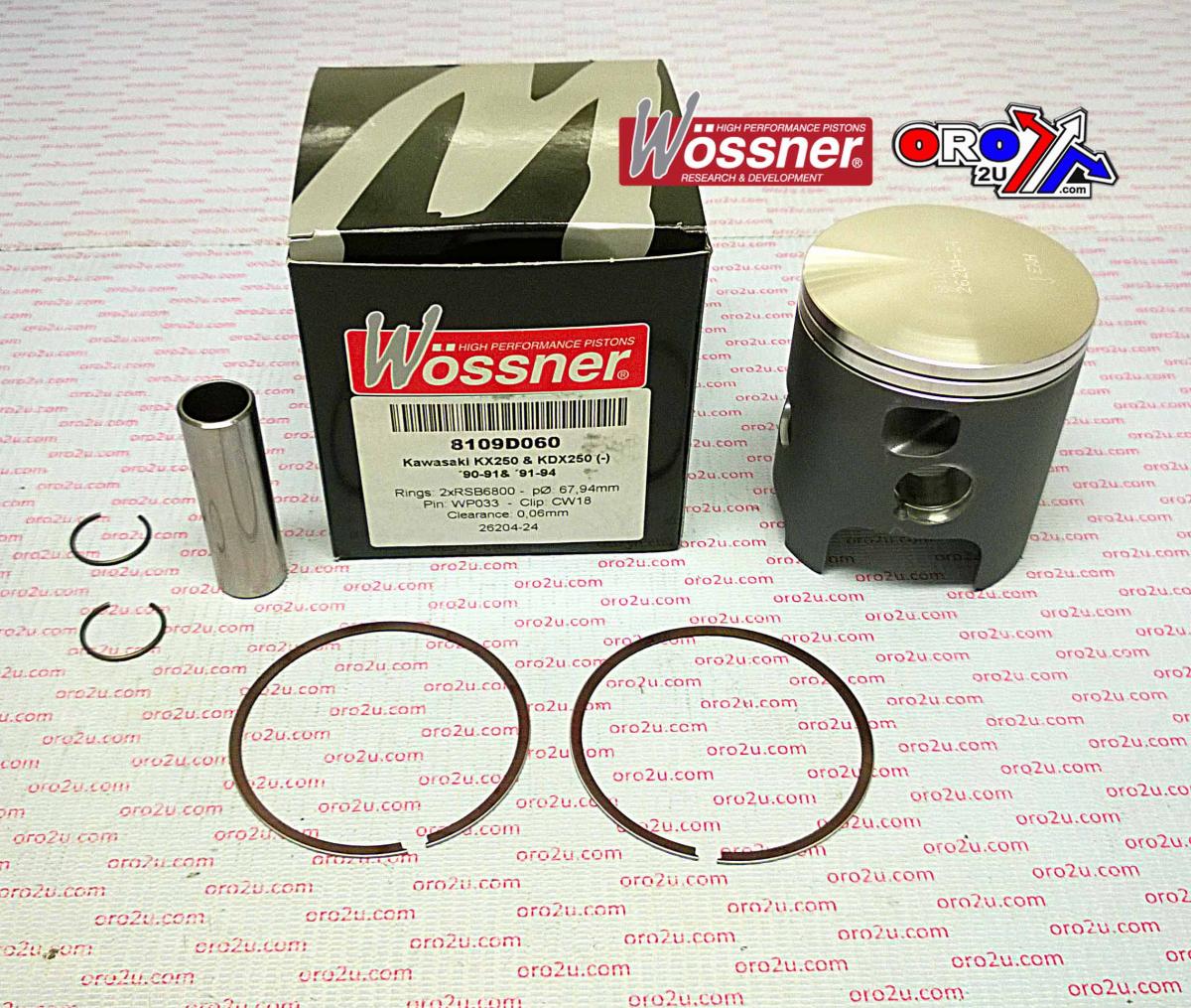 Piston Kit 90-91 KX250 67.40 B, Wossner 8109DB Kawasaki MX