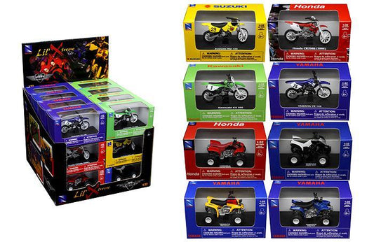MODEL DIE CAST DIRT BIKE / ATV ASSORTMENT, 8 STYLES, 12 DIRT BIKES & 12 ATVS, SCALE 1:32, NEWRAY 06227 06227C