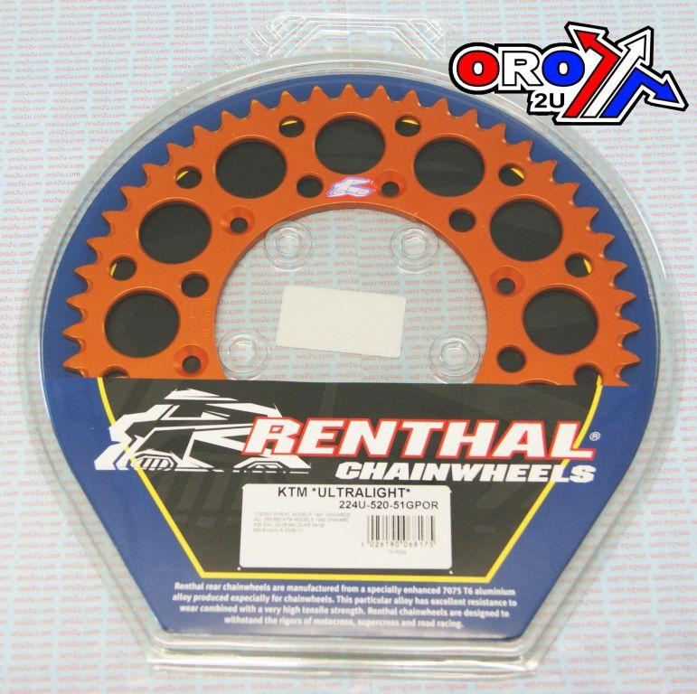 Rear Sprocket Renthal KTM, Ultralite 224U-520-51GPOR Orange, 224U-520-51GPOR
